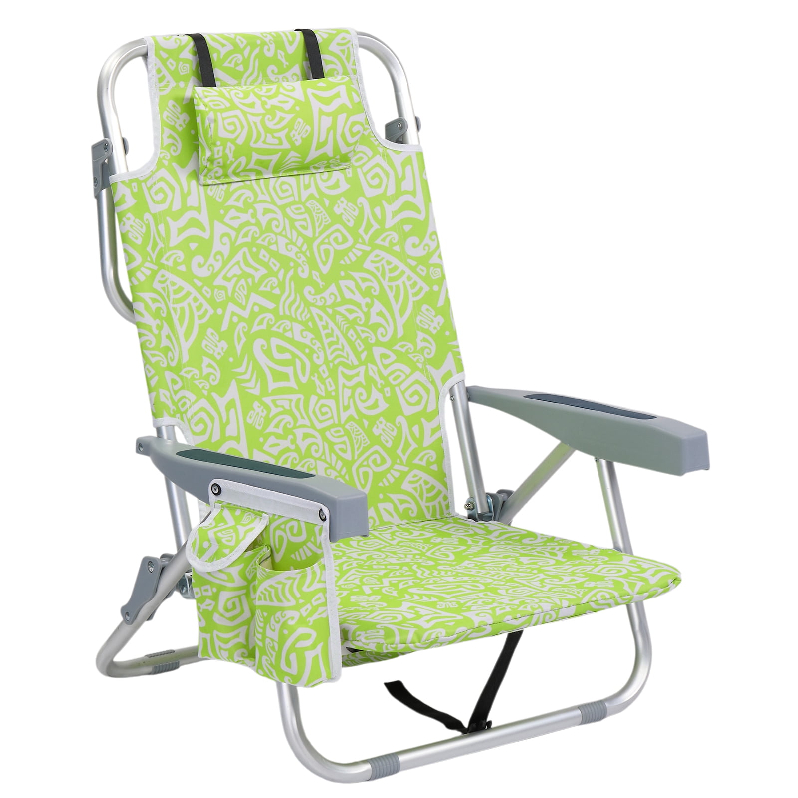 Folding Beach Chair 5-Position Adjustable Backrest Lay Flat Portable Outdoor Camping Chair with Storage Pockets & Cup Holder Lightweight Aluminum Frame for Camping Picnic Backyard