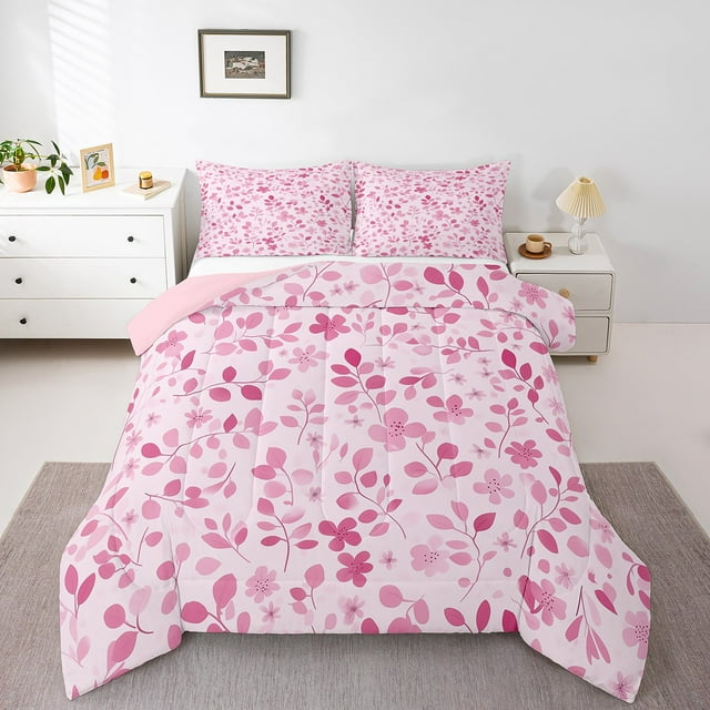Erosebridal Ensemble de Couette Grand à Fleurs Roses de Printemps, Couette en Duvet Florale Botanique, Décor Maison Feuilles, Réversible 3 Pcs