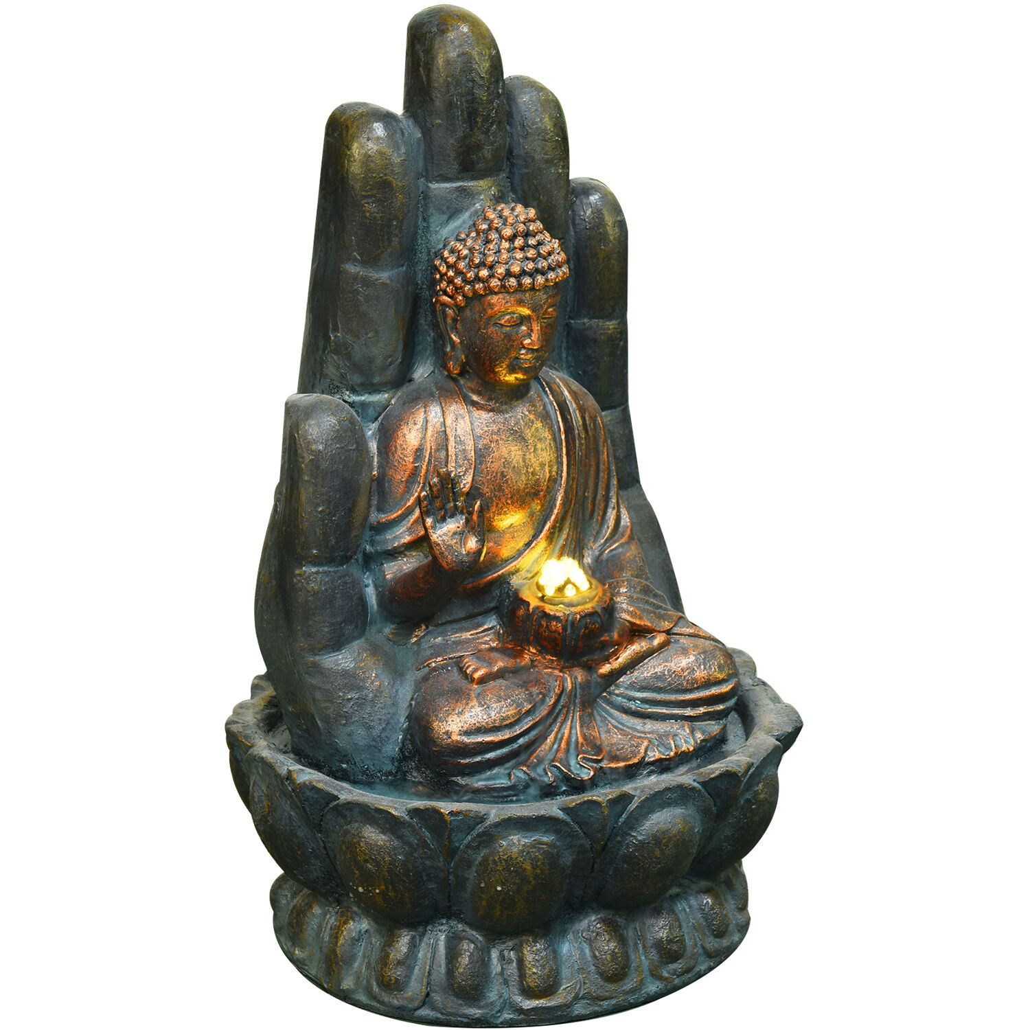 Hanover 21-In. Buddha Hand of Protection Indoor or Outdoor Garden Fountain with LED Lights for Patio, Deck, Porch, HAN021BUDDHA-03