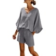 thumbnail image 3 of VBVC Women's 2 Piece V-Neck Batwing Sleeve Shorts Set, Ladies' Soft Breathable Top and Drawstring Shorts,Summer Loungewear For Women,Dark Gray,S-2XL, 3 of 9