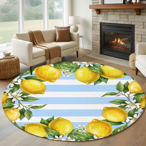 Summer Lemons Round Area Rug 6Ft Washable Circle Rugs for Bathroom Office, Fruits White Flowers Farm Blue White Stripes Non-Slip Carpet Floor Mats Indoor Outdoor Carpet Runner Aesthetic Home Decor