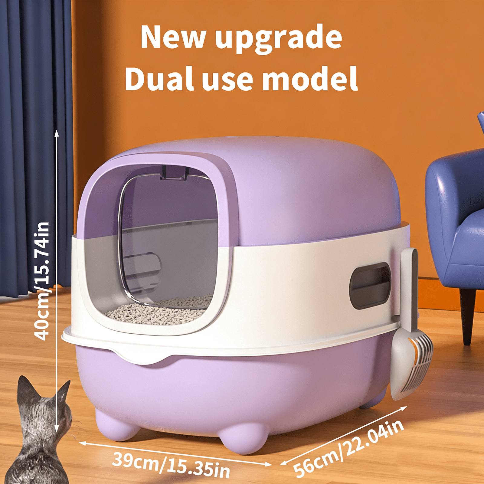 Fully enclosed purple cat litter box, comes with a cat litter scoop, smooth material, suitable for medium and small-sized cats