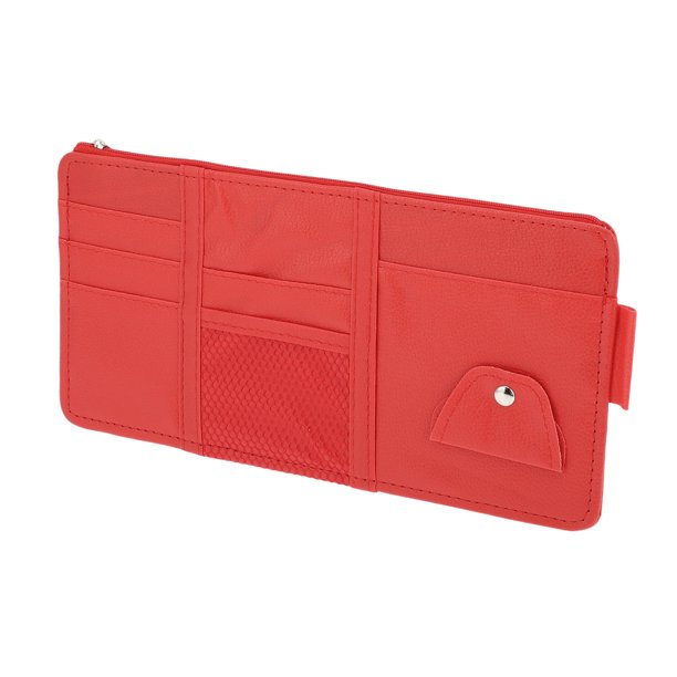 Organizador de Visera de Auto, Bolsa de Almacenamiento para Visera con Cremallera y Ranura Elástica con Soporte para Gafas de Sol para Tarjetas, Licencia, Organizador de Bolígrafos de Cuero PU Rojo