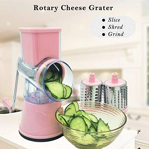 G.CHEN Rotary Cheese Grater for Kitchen Rotary Grater with Metal Handle Round Mandoline Slicer With 3 Replaceable Blade Pink 