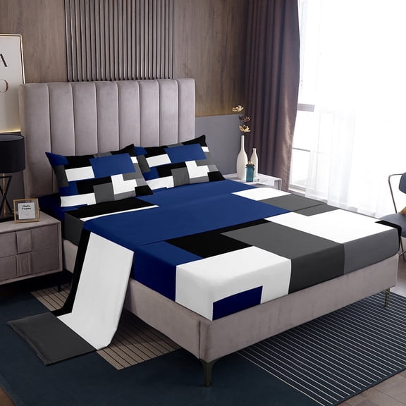Erosebridal Sqare Plaid Sheet Set Twin,Grey Blue Bedding Sets Twin Size,Geometric Rectangle Twin Sheet Sets,Breathable Abstract Bedroom Decoration,3pcs