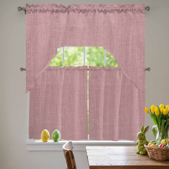 Light Pink Linen Swag Curtains Valance & Tier Set, Farmhouse Pure Color Country Farm 3 Pcs Set Kitchen Swag Valances and Tiers 24 Inch Length Rod Pocket Curtain Drapes for Bedroom