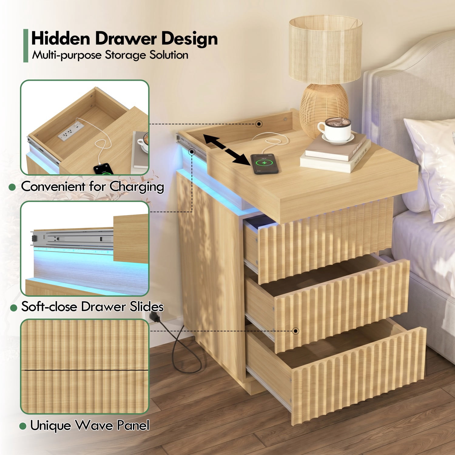 Hommoo Nightstand End Table Set of 2 with Fast USB Charging Station, Modern Wood Storage Sofa Side Table with 2 Drawers and LED lights, for Living Room,Bedroom,Office, Natural
