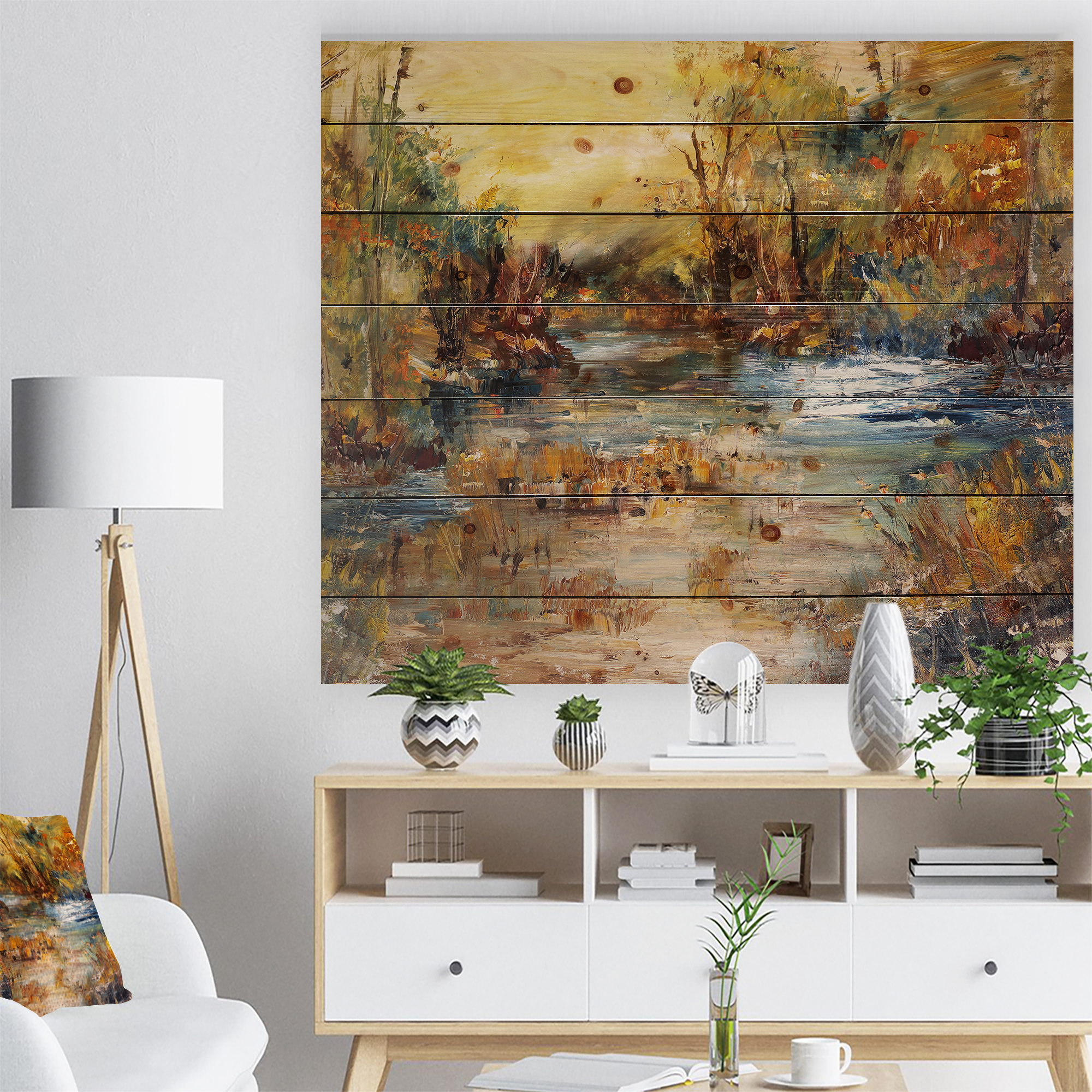 Designart 'River in Forest Oil Painting' Landscape Print on Natural Pine Wood