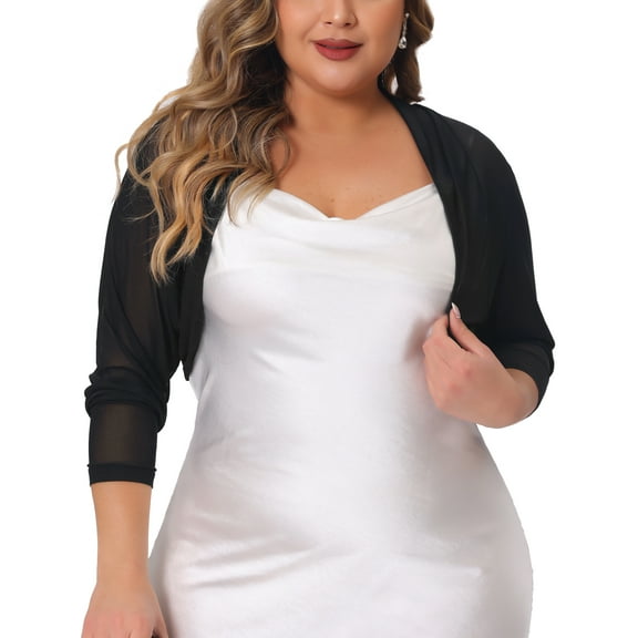 Agnes Orinda Women's Plus Size Long Sleeve Open Front Sheer See Through Mesh Bolero Shrug Crop Cardigans 2X Black