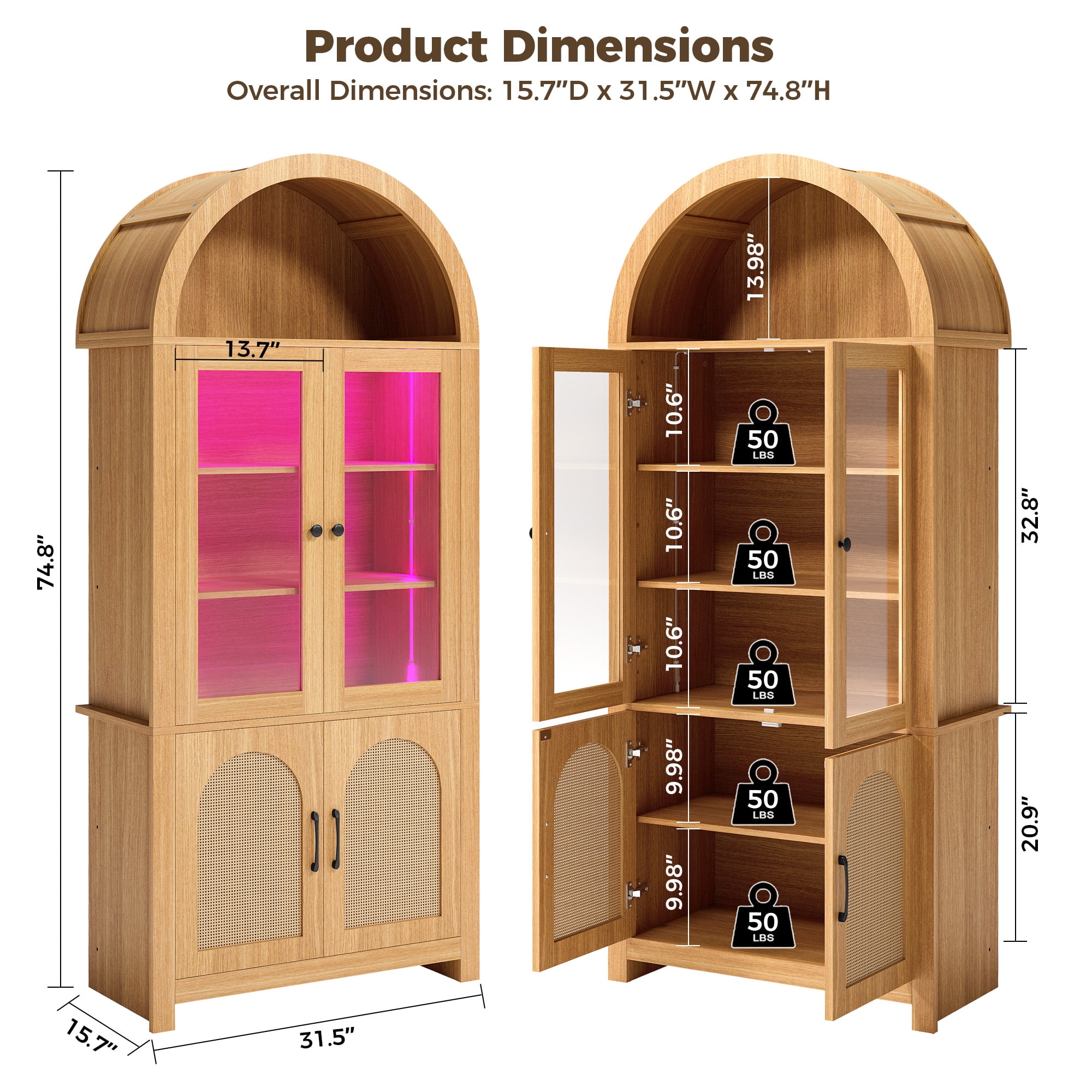IRONCK 74.8" Tall Arched Pantry Cabinet, Kitchen Storage Cabinet with Rattan Doors & Glass Doors & RGB Lights & 6 Shelves