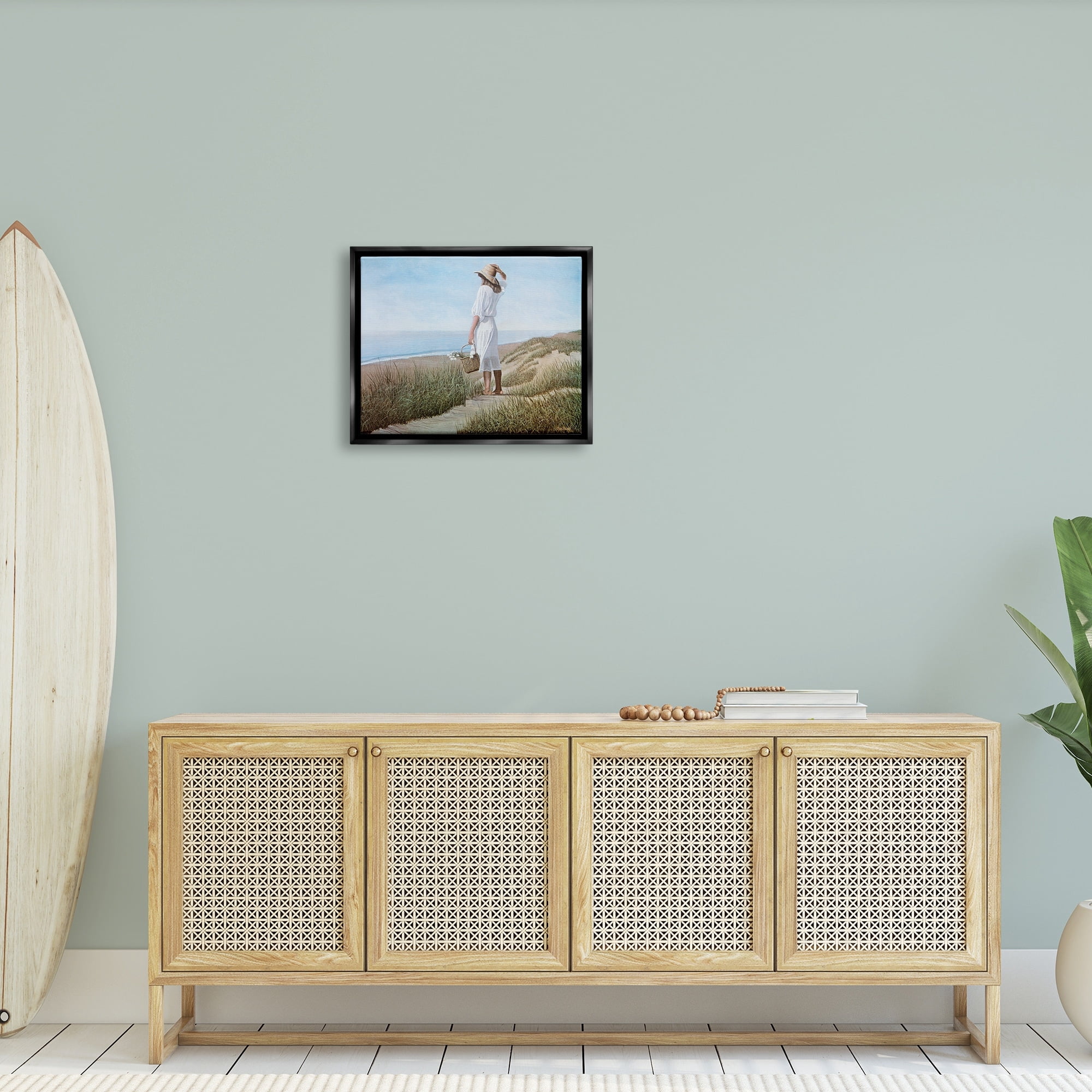 Stupell Industries Woman Enjoying Peaceful Beach Shore Landscape View Painting Jet Black Floating Framed Canvas Print Wall Art, Design by Tom Mielko