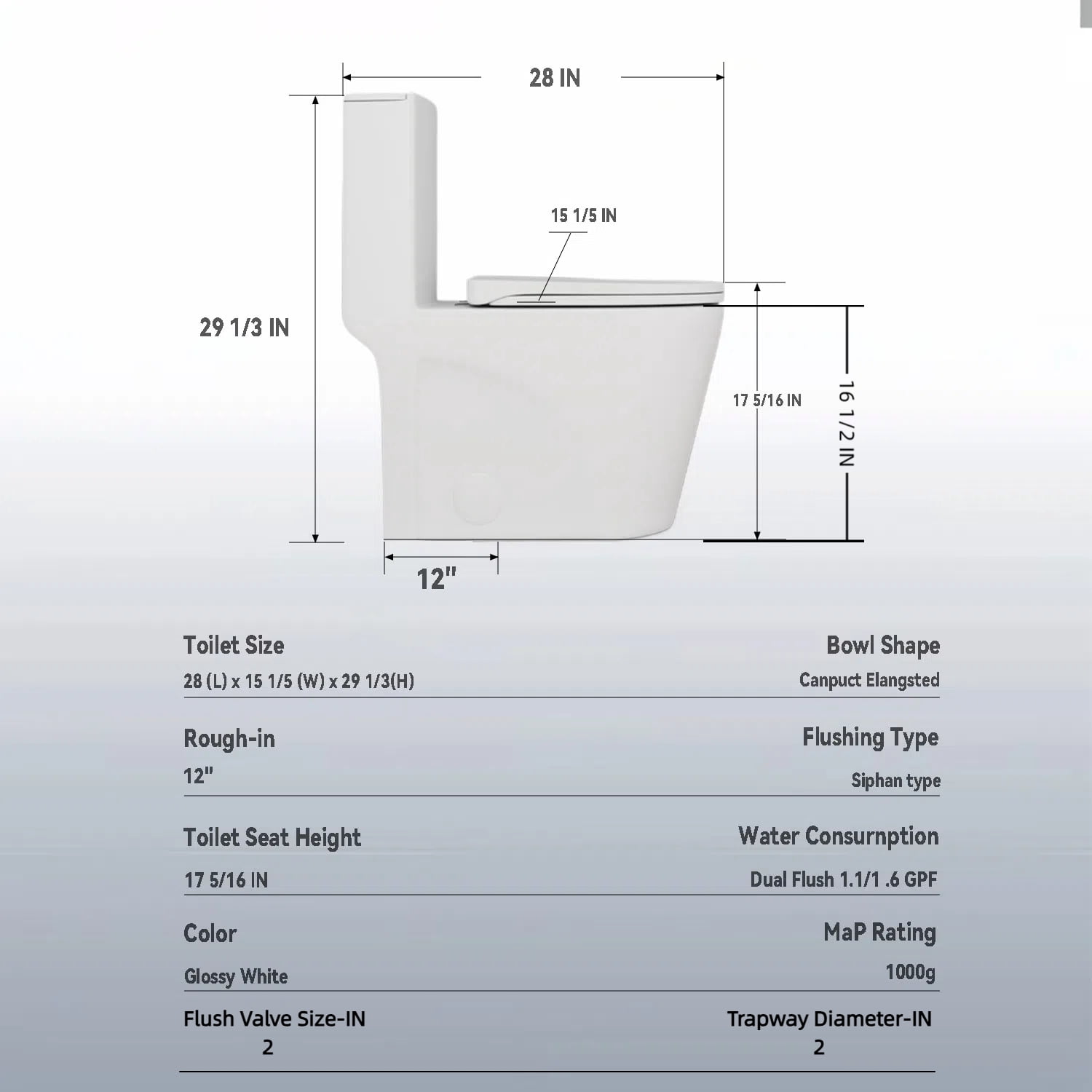 Alvantor One-Piece Toilet, 1.1/1.6 GPF Powerful Dual Flush Elongated Toilet, Soft Closing Seat White