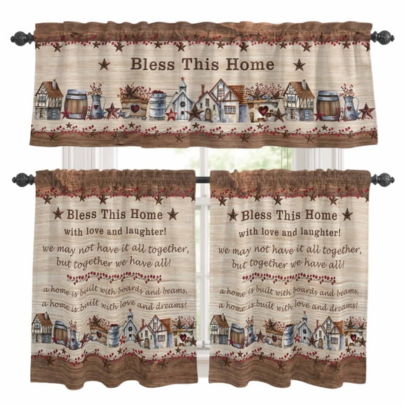 Farmhouse Kitchen Curtains,Kitchen Curtains and Valances Set of 3,Brown Country Star Berry Vintage Wood Grain Light Filtering Tailored Tier Curtain 36 Inch Length Drapes for RV Cafe Bathroom Bedroom