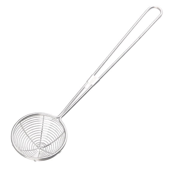 BRIGHTFUFU Filador Cuchara de skimmer para cocinar y freír el colador con mango de acero inoxidable utensilios de cocina freidora cuchara de colchera plateado 7.5 cm