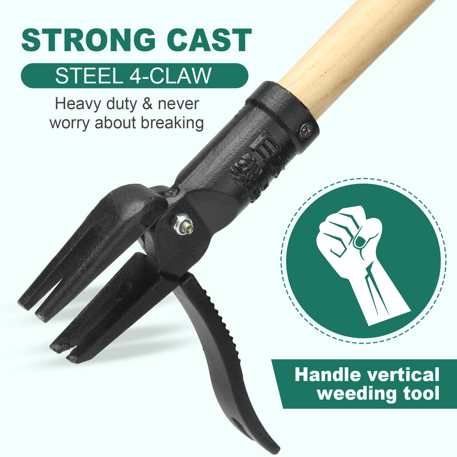 Stand up Weed Puller Tool Heavy Duty Weeding Tool with Long Wooden Handle and 4-Claw Steel Head