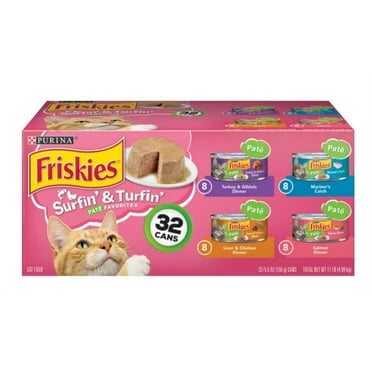 (32 Packs) Friskies Pate Wet Cat Food Variety Pack, Surfin' & Turfin' Favorites, 5.5 oz. Cans