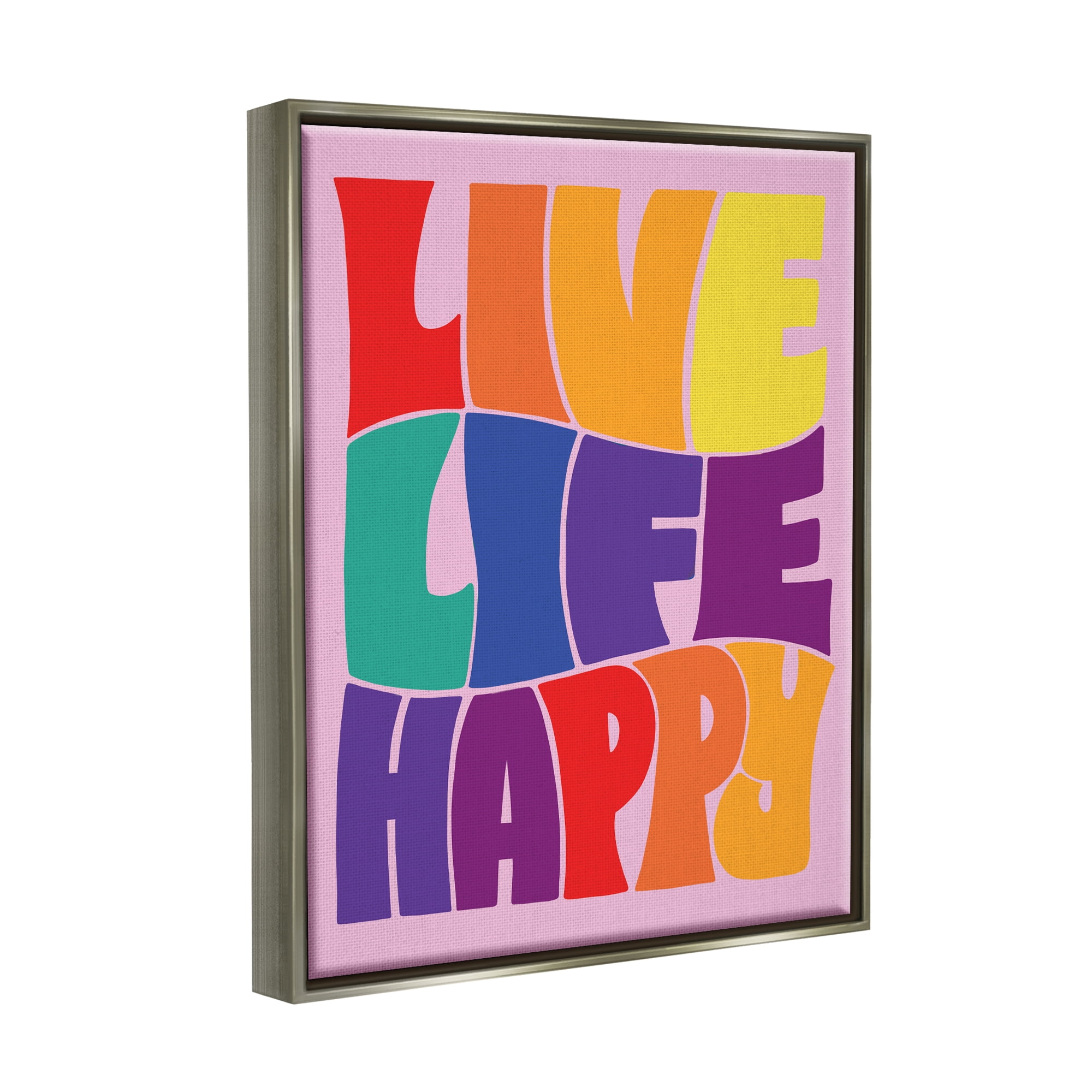 Stupell Industries Live Life Happy Rainbow Phrase Holiday Painting Gray Floater Framed Art Print Wall Art