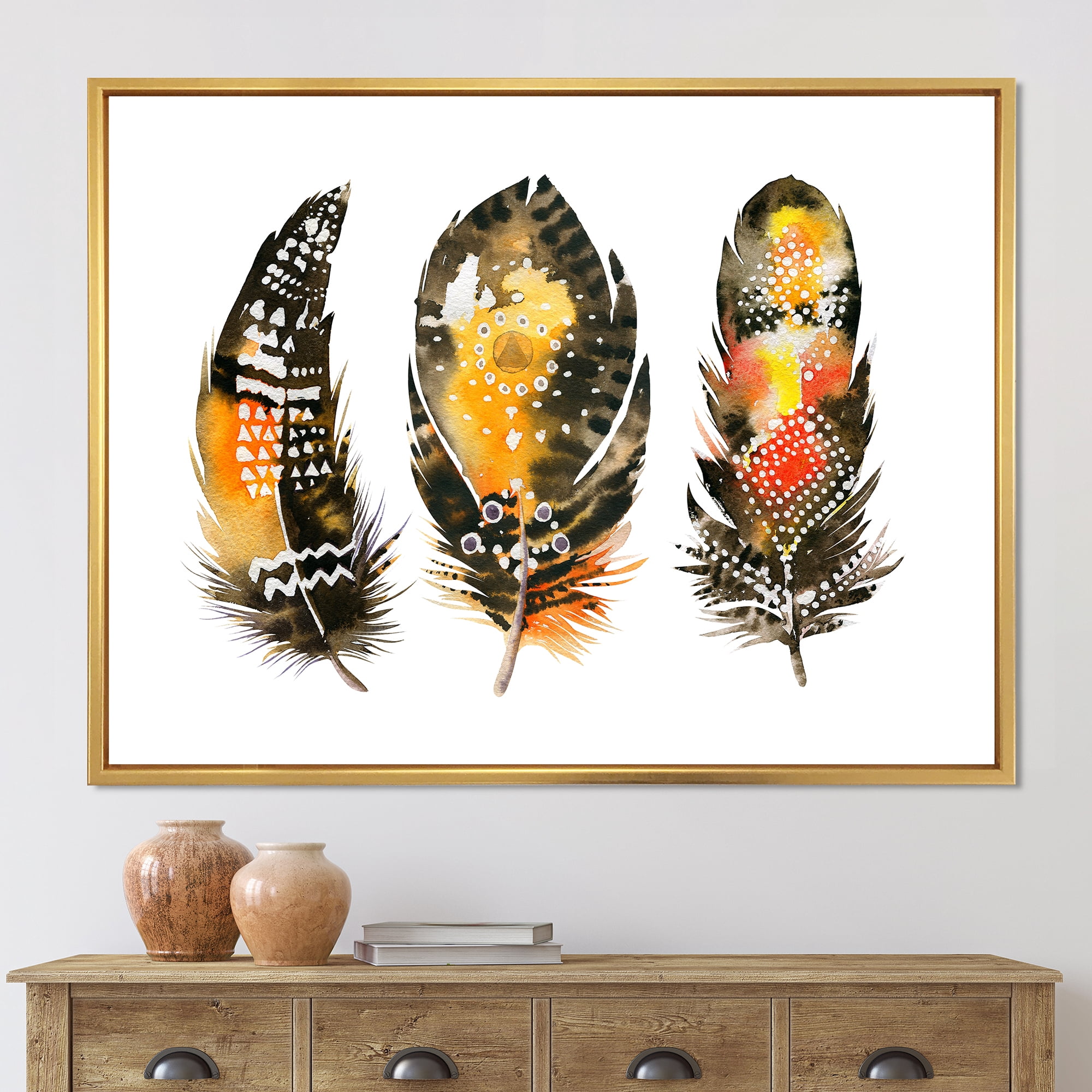 Designart 'Ethnic Boho Art Orange Feathers' Bohemian & Eclectic Framed Canvas Wall Art Print