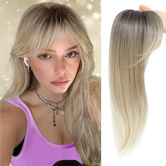 XmhyTop Hair Topper for Women with Thinning Hair, 18 Inch Long Clip-in 360° 3D Side Bangs Pieces, Ombre Mix Blonde with Dark Root to Blonde