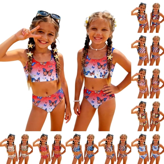 Swimsuits for Child Girls Size 7-8 2 Piece Set Girls Bathing Suit Beach Vacation American Flag Butterfly Bikinis Summer Sleeveless Girls Fashion Kids Bikini Swim Suit Red 3-4 Years