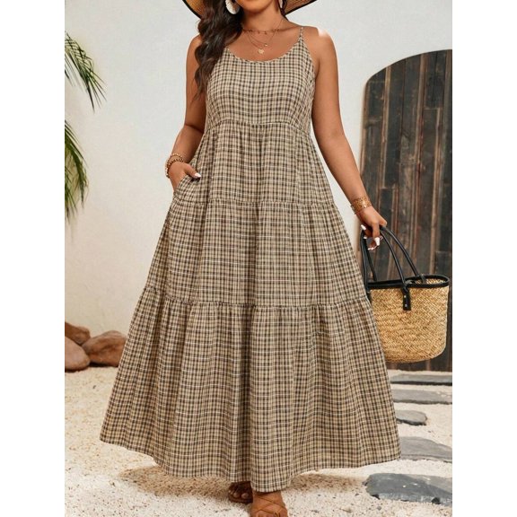 Plus Size Summer Casual Retro Plaid Ruffle Hem Camisole Maxi Dress In Black