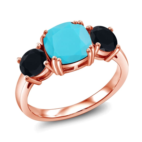 Gem Stone King 18K Rose Gold Plated Silver Green Turquoise and Black Onyx 3 Stone Engagement Ring for Women (2.95 Cttw, Gemstone, Cushion 8MM, Size 7)