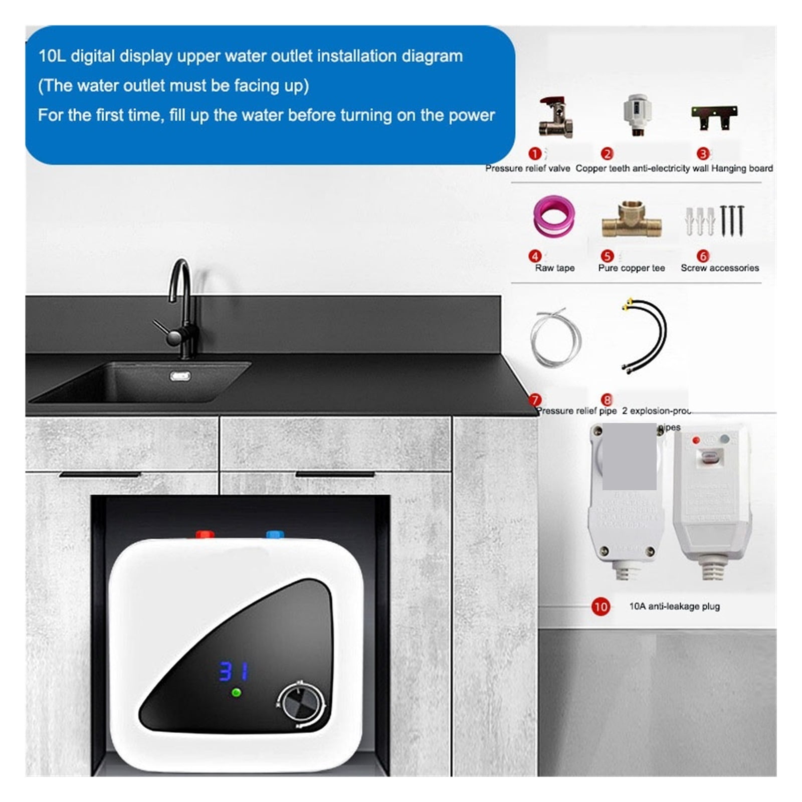 Electric Water Heater 10L Large Capacity Water Storage Type Kitchen Small Electric Water Heater That Is Hot For Washing Dishes ,Energy Saving
