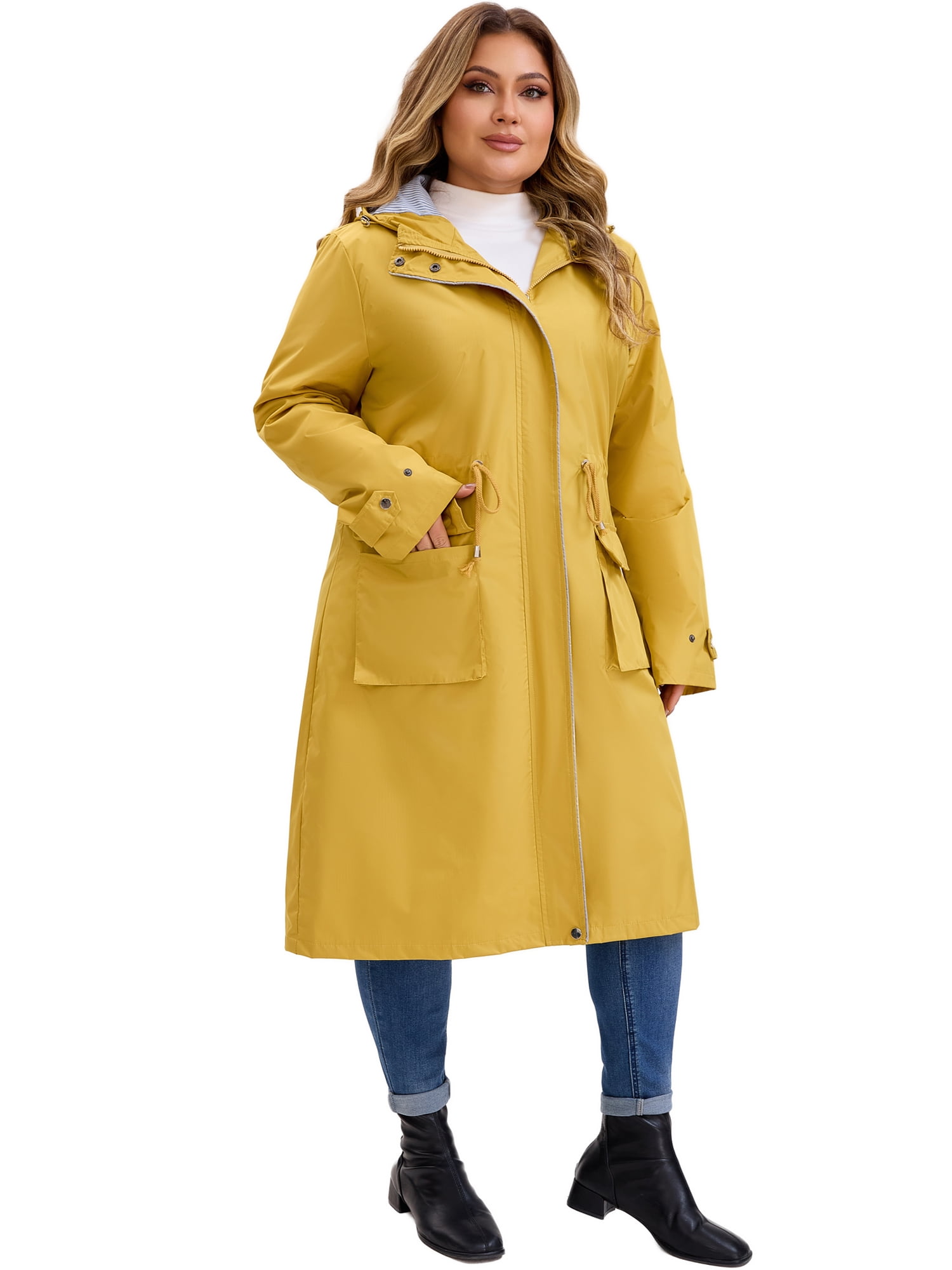 DARING DIVA Plus Size Hooded Long Drawstring Waist Zipper Jacket 2X Yellow