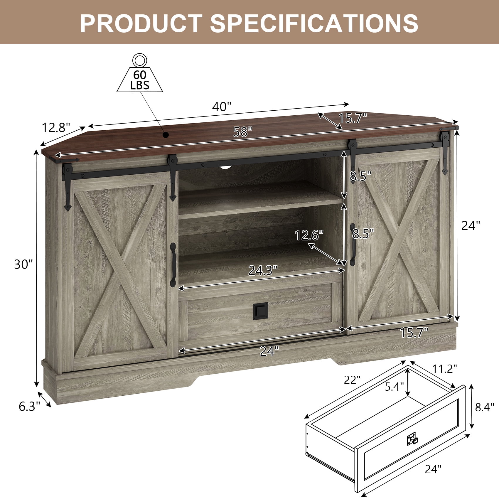 Melidee Farmhouse Television Stand for 65 Inch TV with Sliding Barn Door, Engineered Wood, Gray, 58" W x 15.7" D x 31" H