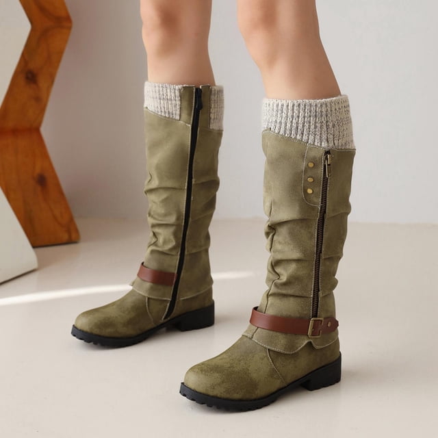 LSLJS Bottes Cavalières pour Femmes Talons Bas avec Boucle Couleur Assortie Tube en Laine Bottes Hautes pour Femmes
