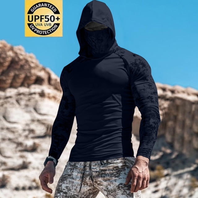Yaoyar Men's UPF 50+ Sun Protection Hooded Shirt with Integrated Face Cover Long Sleeve Lightweight Rash Guard Shirts