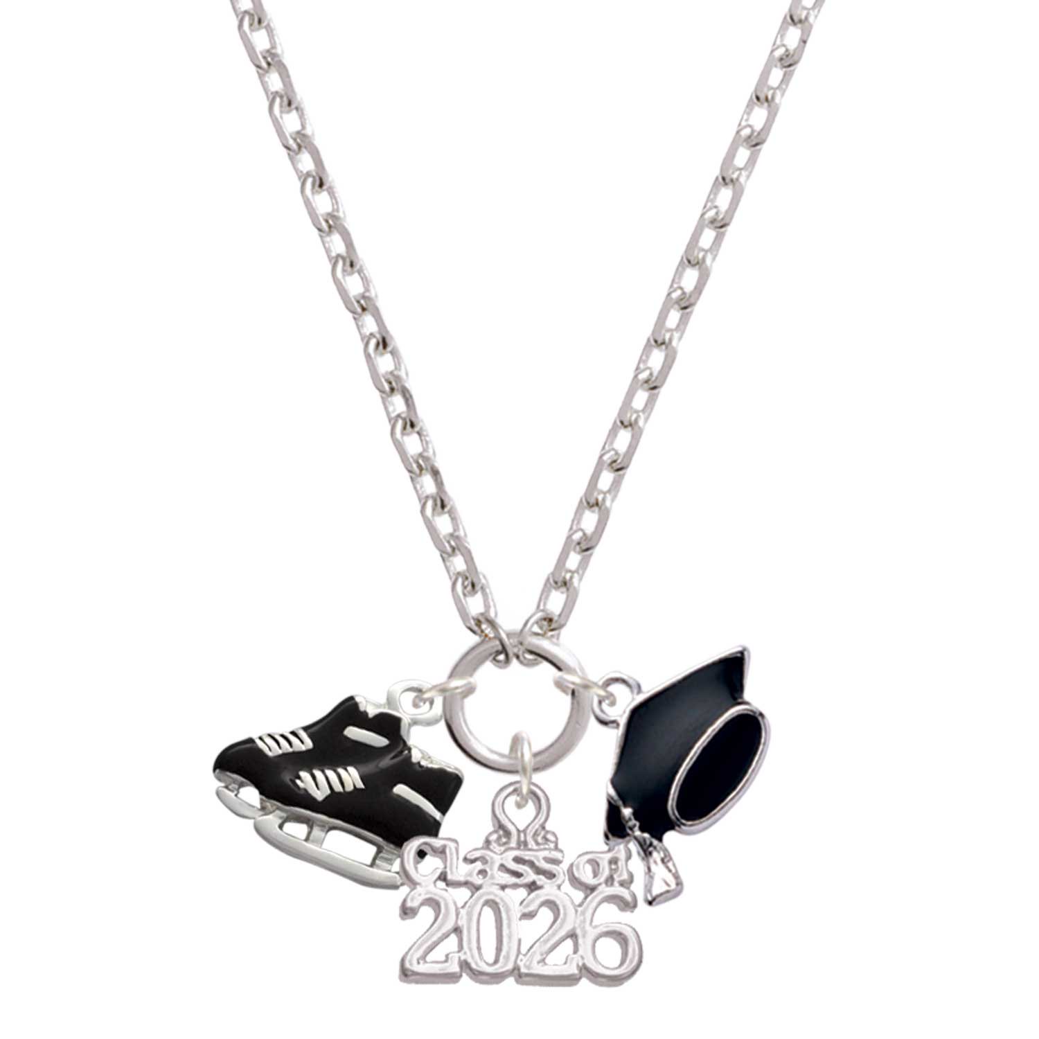 Delight Jewelry Silver-tone Black Ice Skates - Class of 2026 Graduation Zoey Charm Necklace, 28"