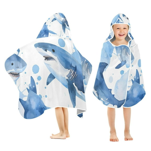 Shark Blue Kids Hooded Beach Towel Baby Bath Poncho Towels with Hood Absorbent 50"x23.5" for Pool Swimming