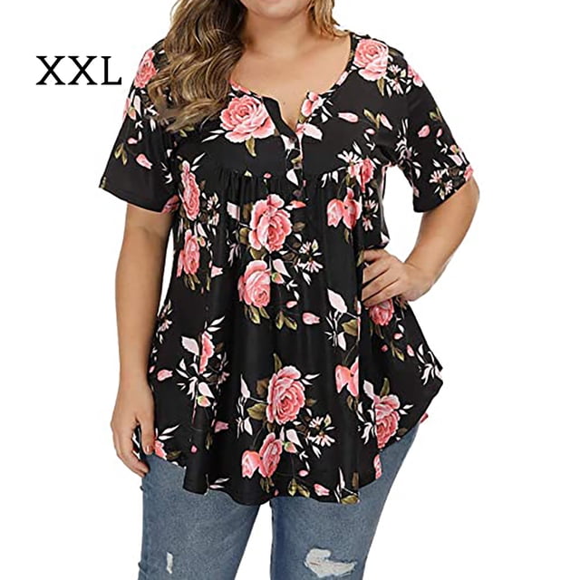 Blusa con cuello en V y manga corta con estampado floral para mujer, negro, XXL Inevent AP002466-05