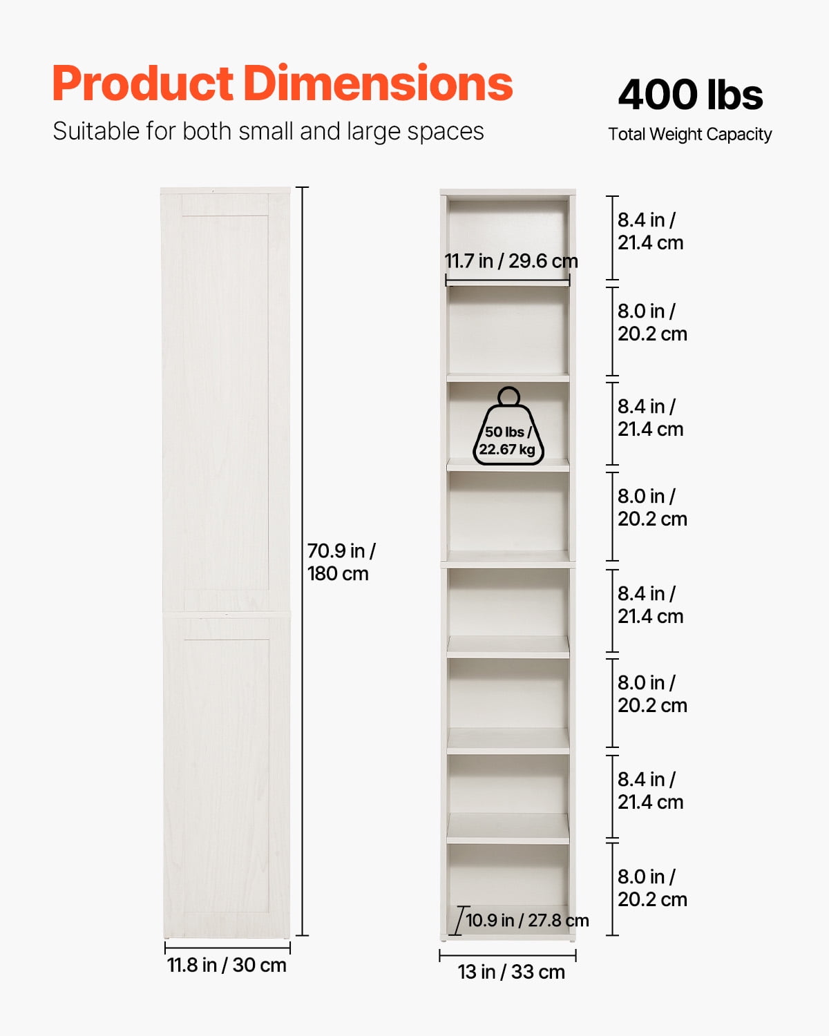 KFFKFF 8-Level Slim Bookcase, 71-inch Wood-Based Tall Open Shelving Unit with Flexible Shelf Height, Independent Floor Standing Storage Display Bookshelf for Study, Bedroom, Lounge, in White