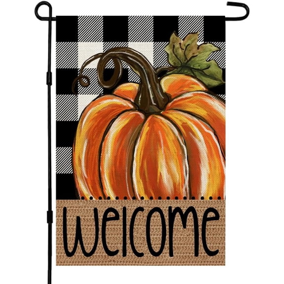 Shmbada Fall Pumpkin Garden Flag Welcome 12x18 Inch Double Sided for Outside Small Burlap Autumn Holiday Buffalo Plaid Yard Decoration