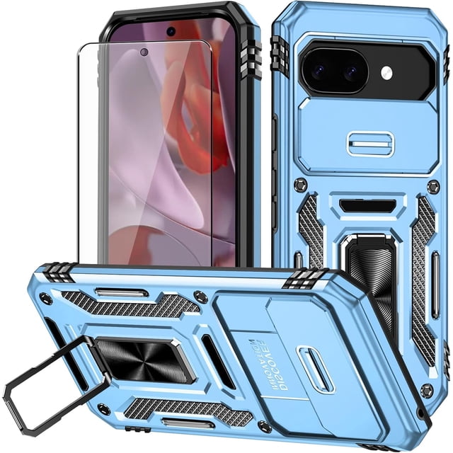 KOMI for Google Pixel 9a Case with Screen Protector and with Camera Cover, 360°Military Grade Rotatable Kickstand (Heavy Duty) Shockproof Protective, Case for Google Pixel 9a Light Blue