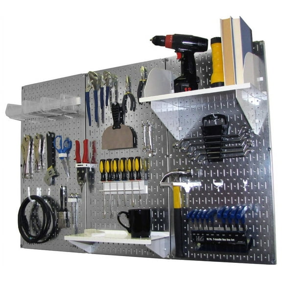 4ft Metal Pegboard Standard Tool Storage Kit - Galvanized Metallic Toolboard & White Accessories