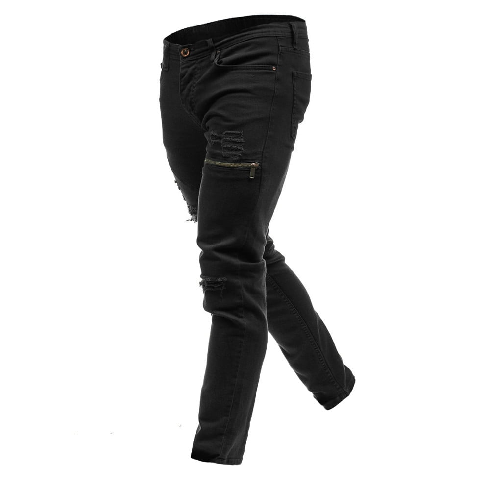 Stylish Black Slim Fit Knee Zipper Jeans