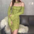 thumbnail image 6 of Douhoow Women Ribbed Dress Summer Long Sleeve Off Shoulder Neck Hanger Solid Color One Piece Dress, 6 of 9