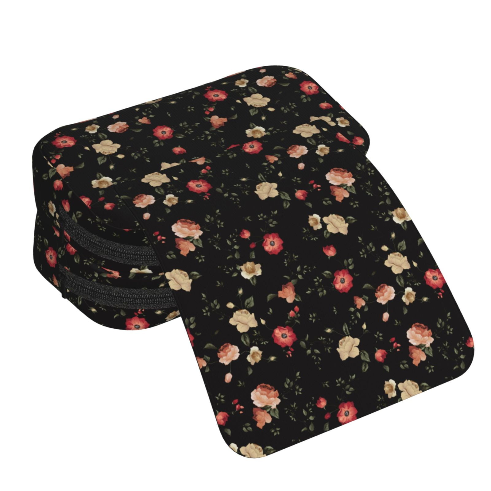 Rateoe Red White Flowers Pattern Double Clamshell Pen Case, Storage Organizer with Two Zipper Compartments– Holds Up to 50 Pencils & Pens