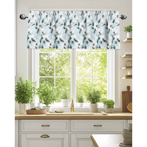 Curtain Valance for Windows,Country Flower Foliage Plants Kitchen Valances Rod Pocket Short Curtains,Gardenia Floral Seamless Window Treatment Panel for Bedroom Bathroom 54"x18"