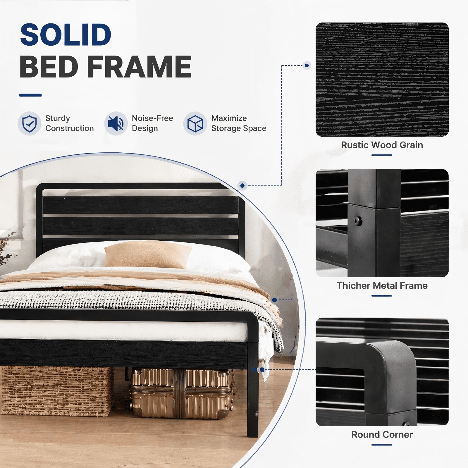 Zimtown Twin Size Platform Bed Frame, Heavy Metal Bed Frame with Wooden LED Headboard, 12" Under-Bed Storage, Black