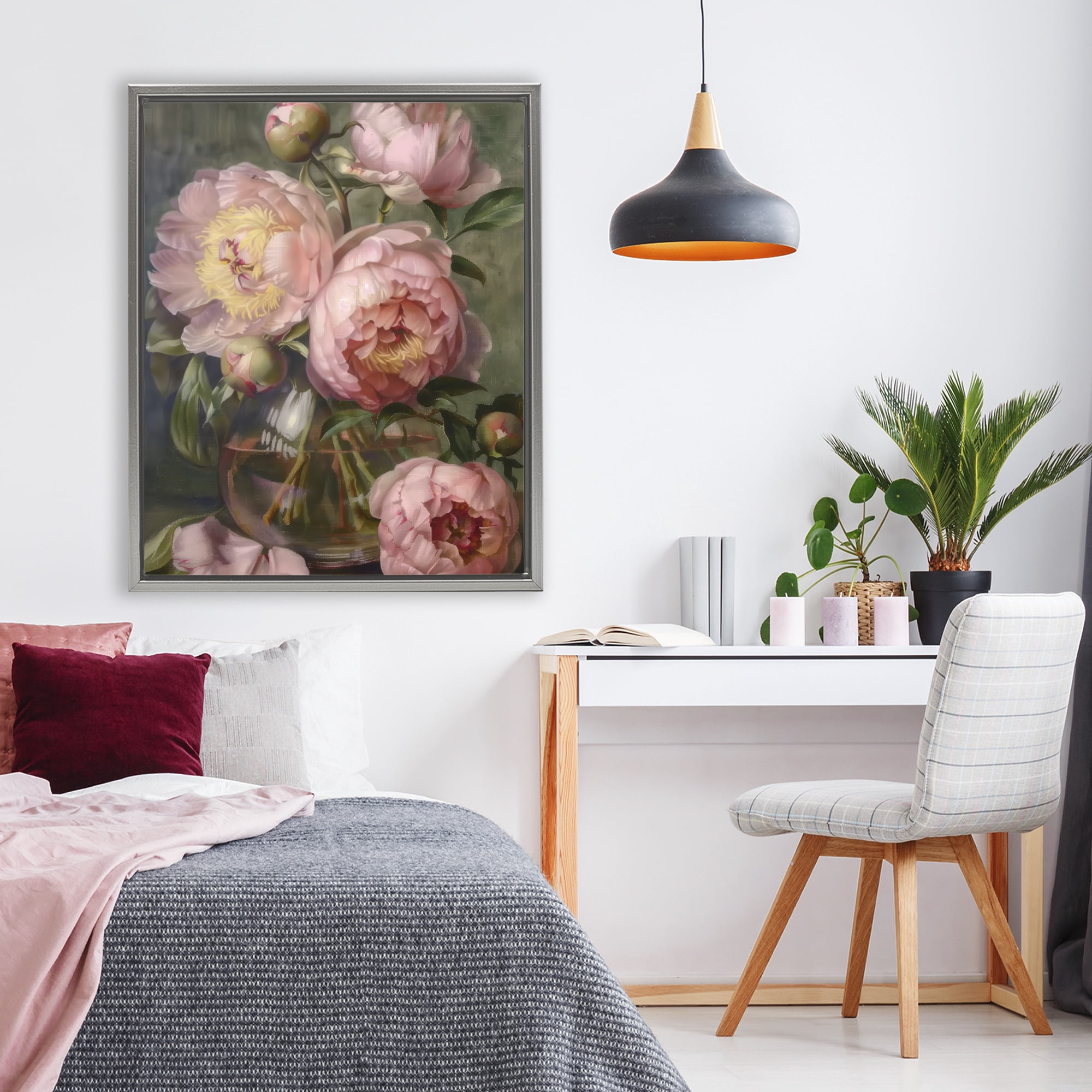 Stupell Industries Pink Peonies in Glass Vase Gray Framed Floater Canvas Wall Art, design by LSR Design Studio