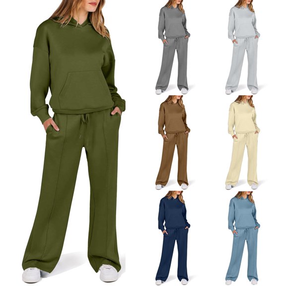 Ashirexll Womens Winter Sets, Outfits for Women, Solid Color Fashion Casual Long Sleeve Hoodie with Hat and Wide Leg Straight Pants Two Piece Set