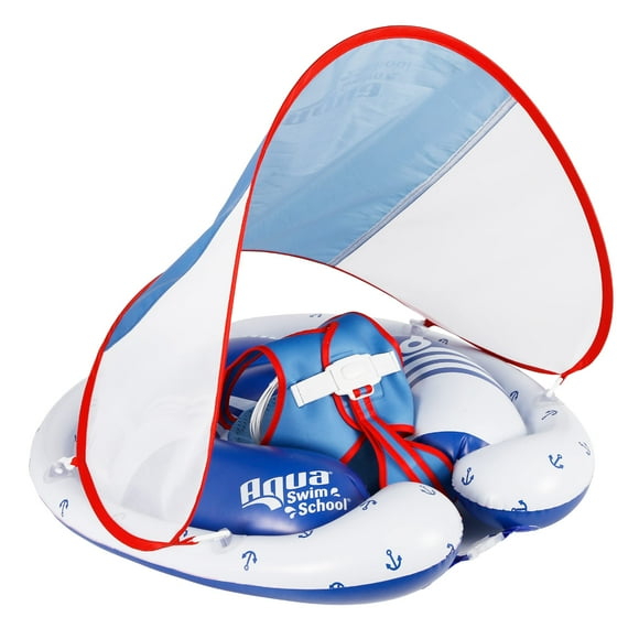 SwimSchool Freestyle Swimmer Baby Pool Float with Sunshade Canopy and Multi-Position Adjustable Safety Seat Dual Air Chambers Safe Red-White-Blue Nautical