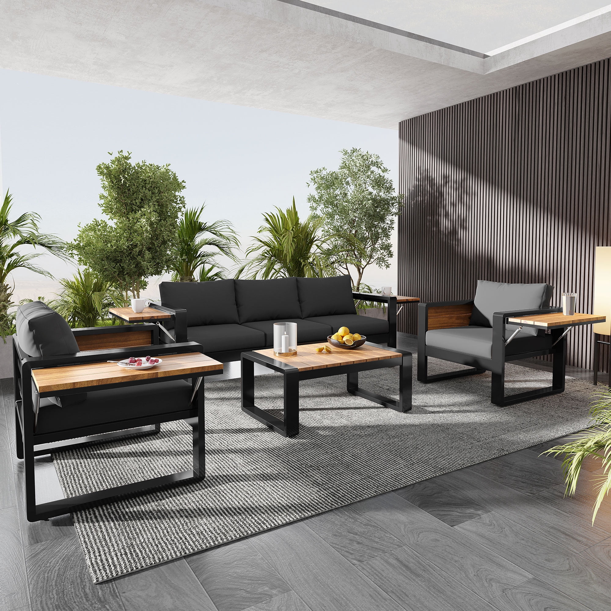 Mintazer 4 Piece Aluminum Outdoor Conversation Set with Tables & Sofa and 2 Armchairs, Modern Patio Furniture Set with Cushions for Patio Garden Balcony Backyard, Grey & Natural