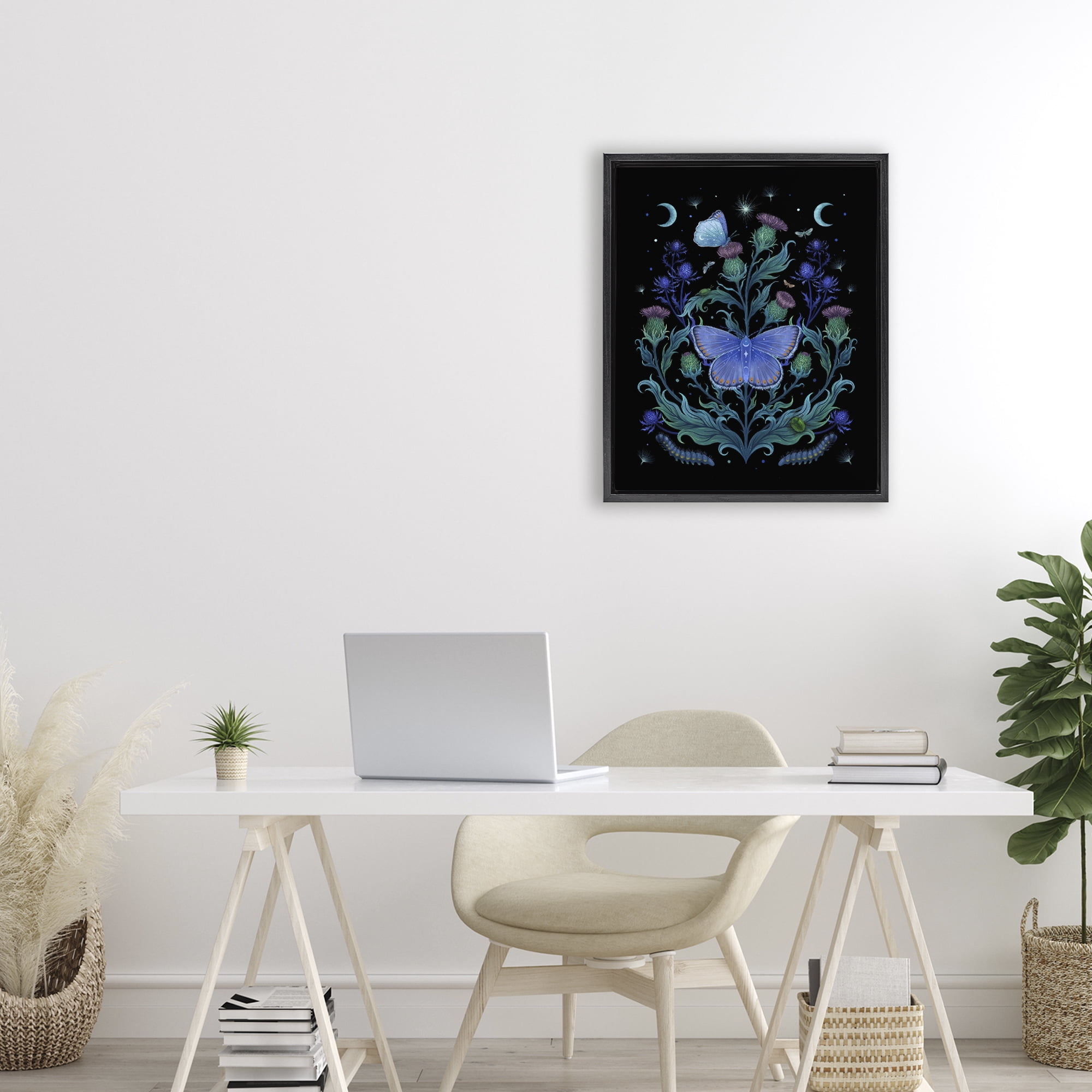 Stupell Industries Thistles & Insects at Night Black Framed Floater Canvas Wall Art, design by Episodic Drawings
