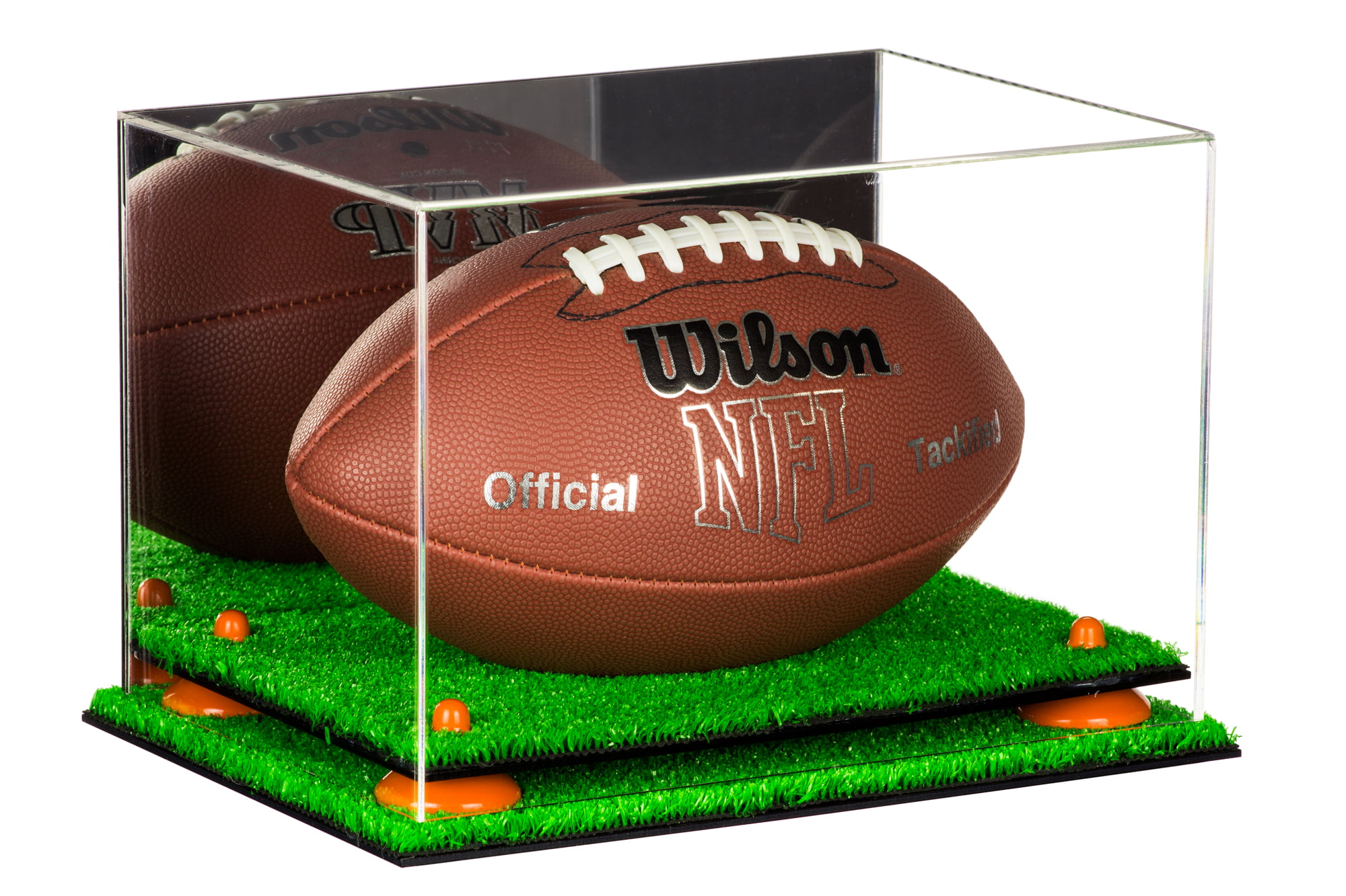 Football Display Case with Mirror A004-OR Orange Risers and Turf Base 