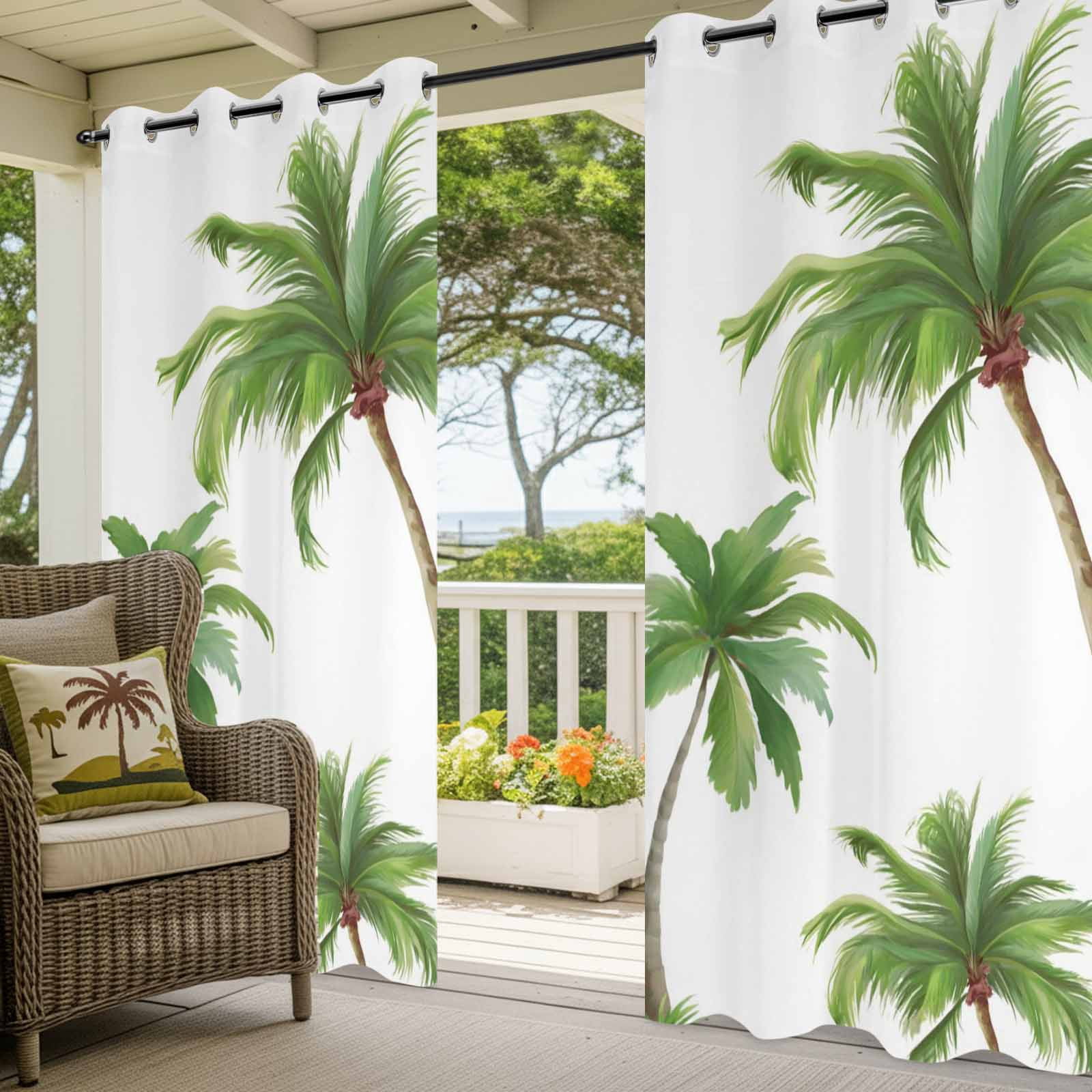 Summer Palm Trees Outdoor Curtains for Patio, Green Tropical Leaves Coastal Realistic Textures Sunshade Privacy Drapes Grommet Waterproof Outside Curtains for Porch/Cabana/Balcony 54"x 108", 1 Panel